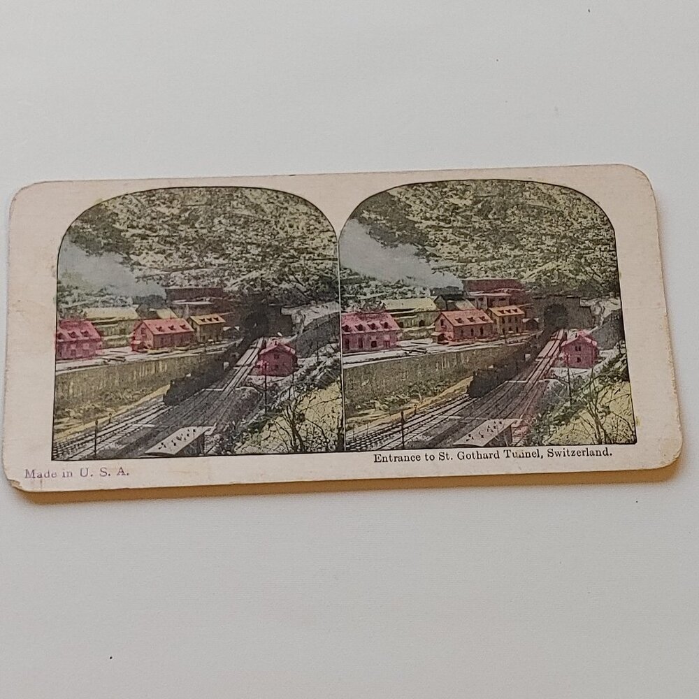 ANTIQUE Stereograph Card Entrance to St. Gothard Tunnel Switzerland